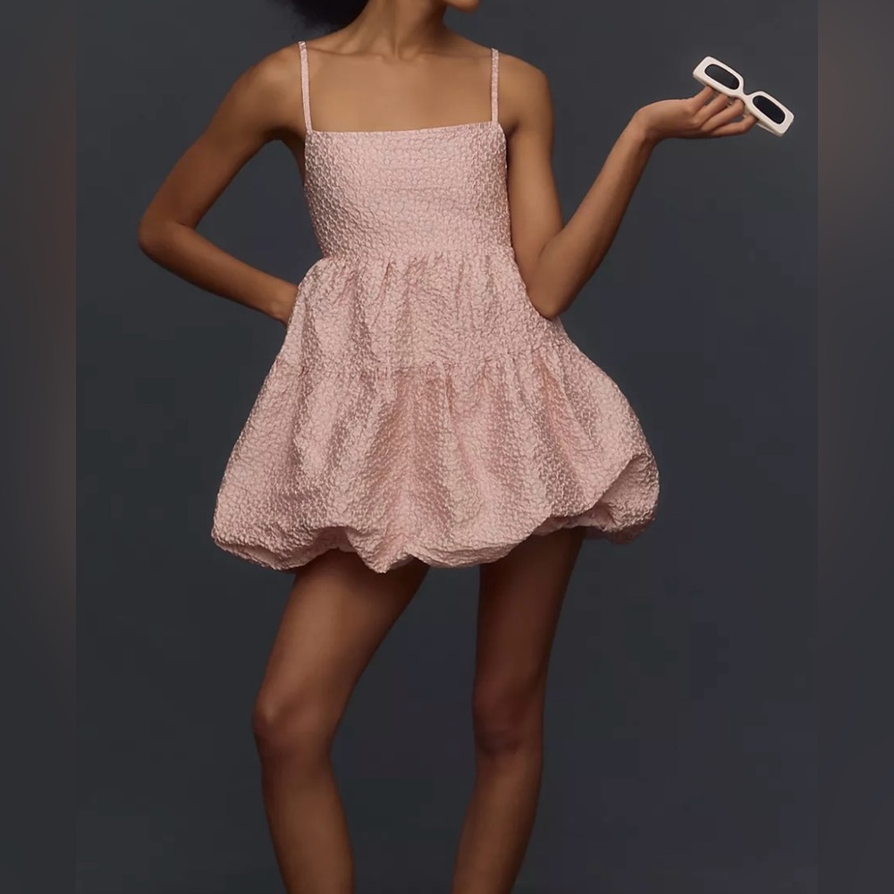 Aureta Studio x Anthropologie Square-Neck Bubble-Hem pink Mini Dress Small